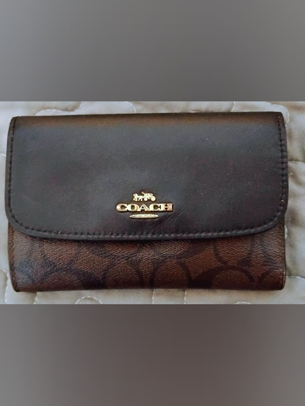 Coach Dark Brown and Black Leather Medium Size Wallet with Gold Logo